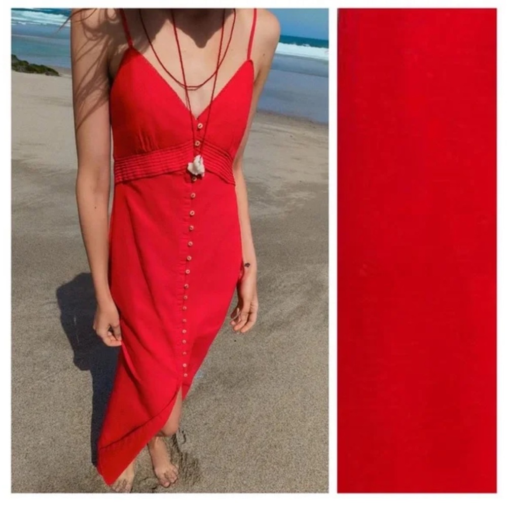 Zara Stunning Red Spaghetti-Strap Button-Front Midi Dress